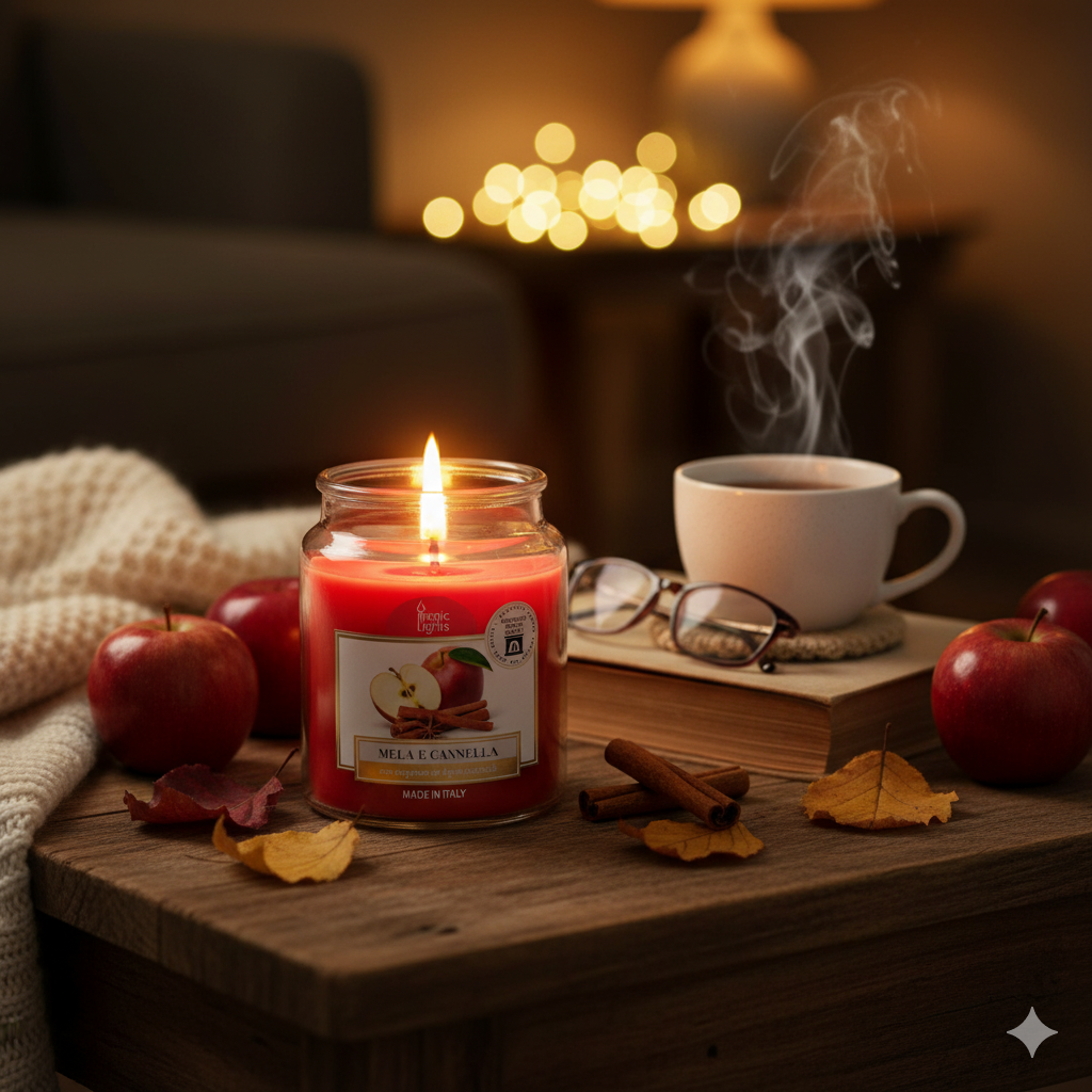 Candela Mela & Cannella 510g - EDIZIONE NATALIZIA | Stoppino in Legno Crepitante