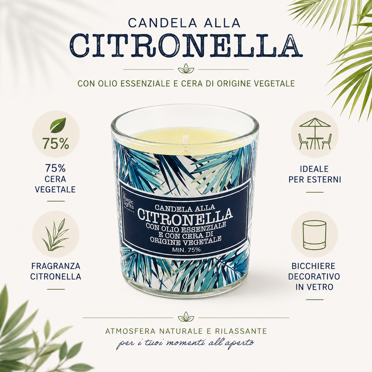 Caratteristiche della candela Citronella Decorazione Jungle Magic Lights con cera vegetale 75%