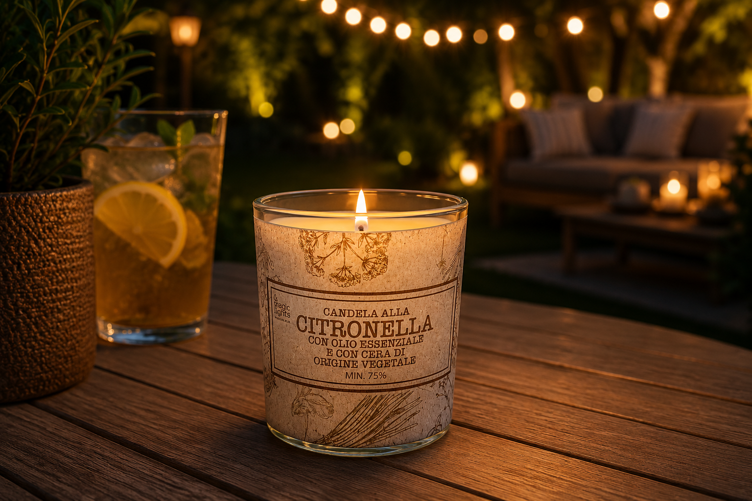 Candela Citronella Magic Lights per terrazzo, giardino e serate estive all'aperto