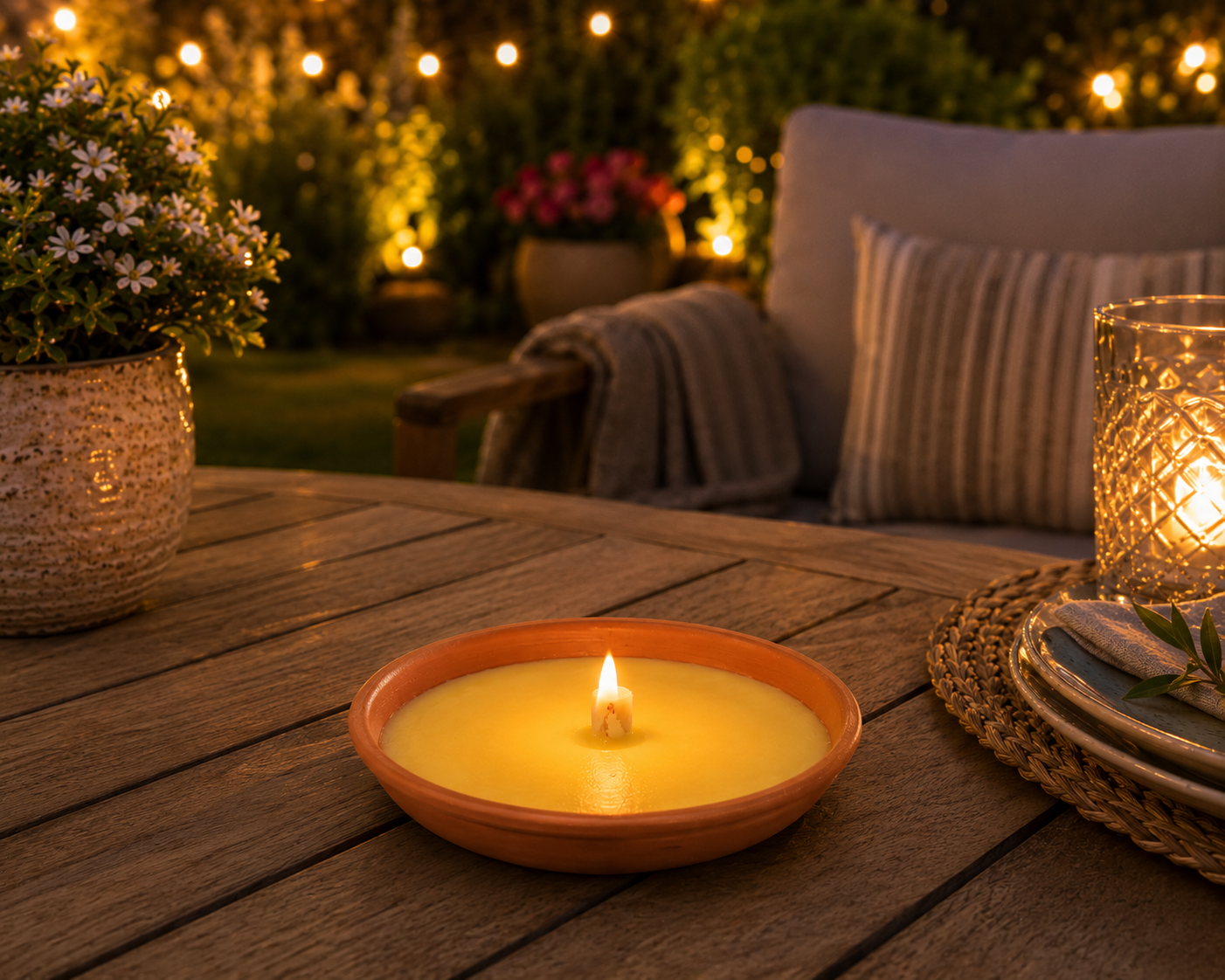 Candela Citronella in Terracotta Magic Lights per serate estive all'aperto