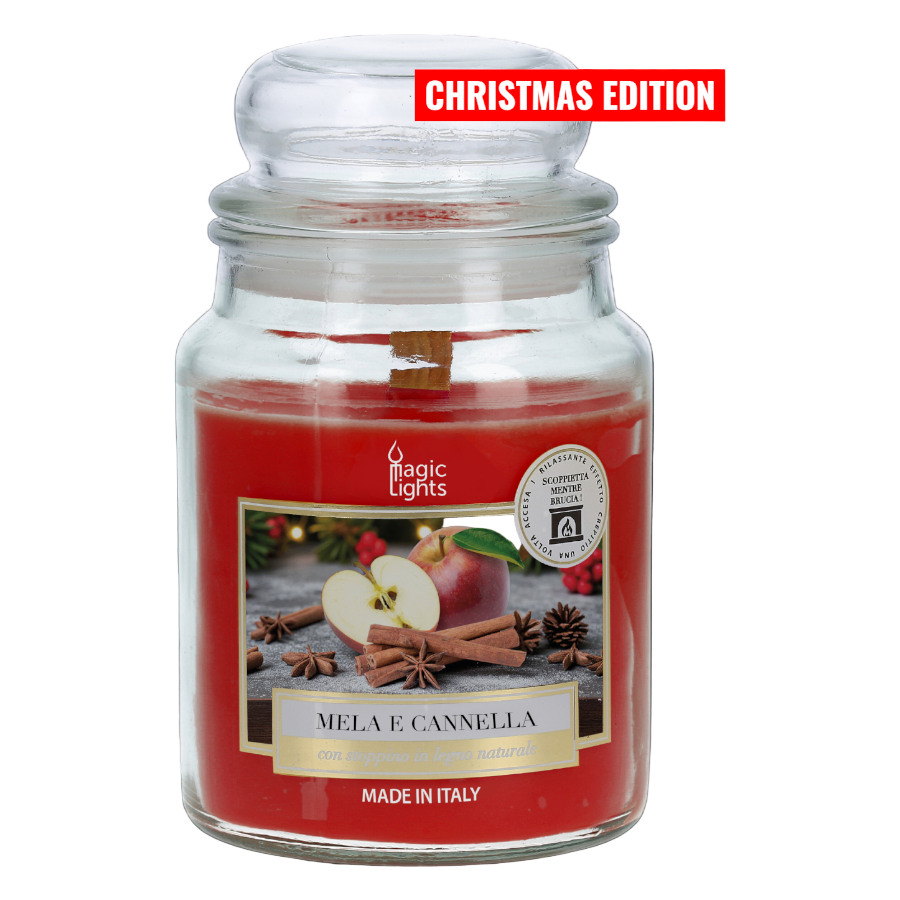 Candela Mela & Cannella 510g - EDIZIONE NATALIZIA | Stoppino in Legno Crepitante