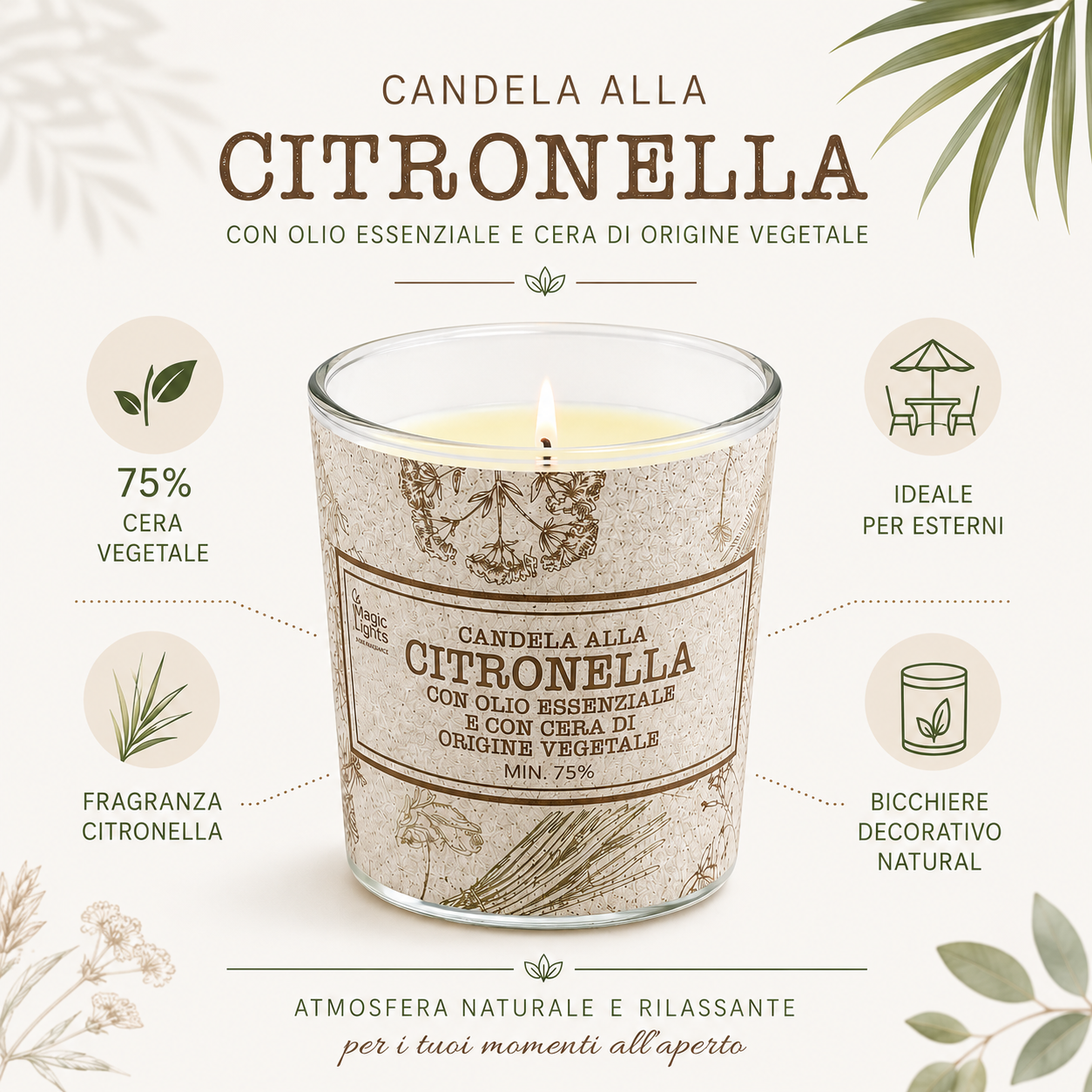 Caratteristiche della candela Citronella Magic Lights con cera vegetale 75% e olio essenziale di citronella