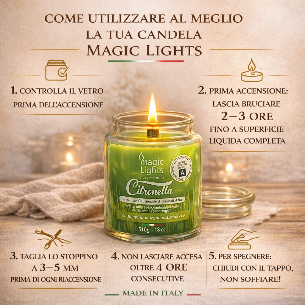 Istruzioni utilizzo candela profumata Citronella Magic Lights con stoppino in legno
