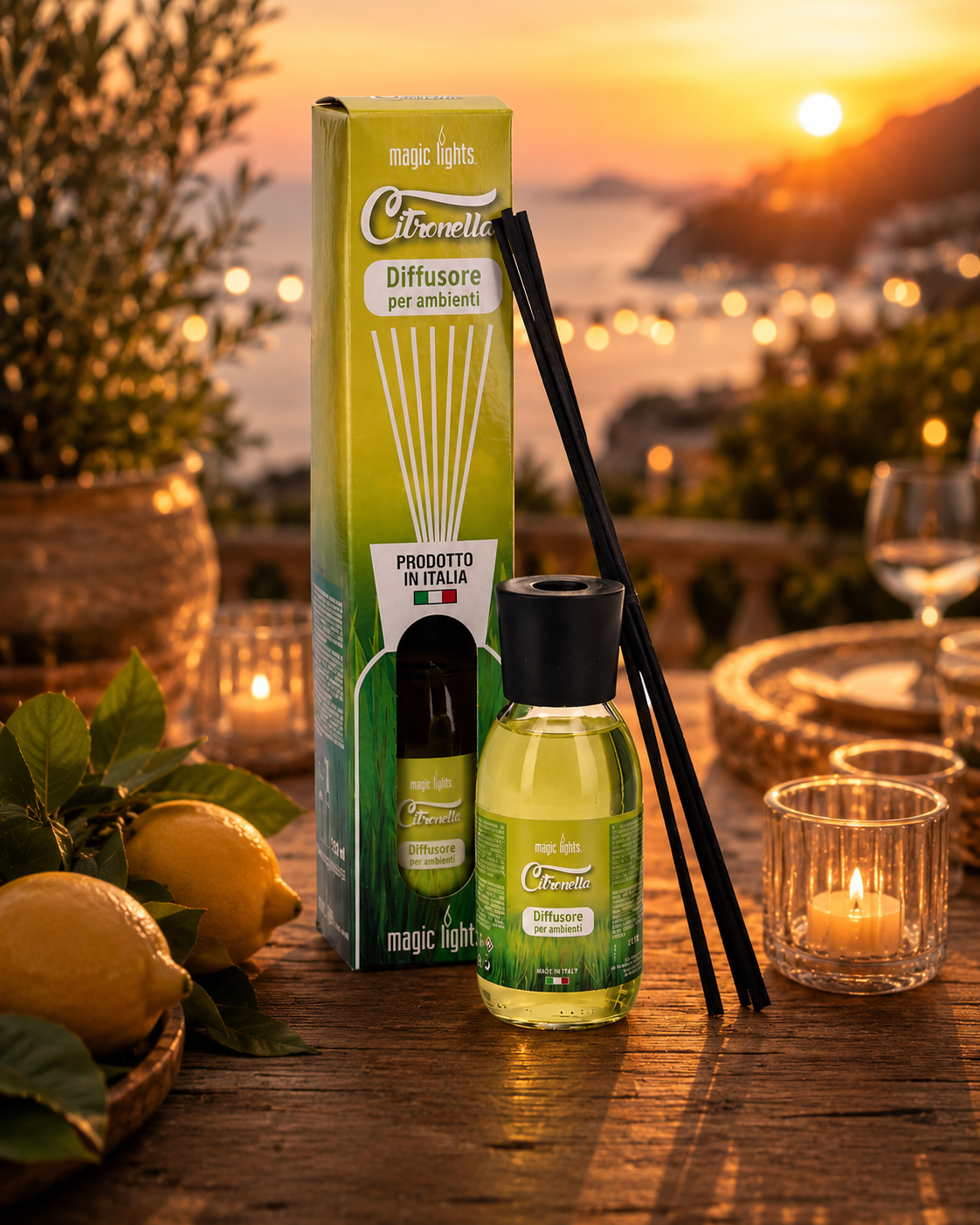 Diffusore Citronella Magic Lights 125 ml per terrazzo, balcone e serate estive